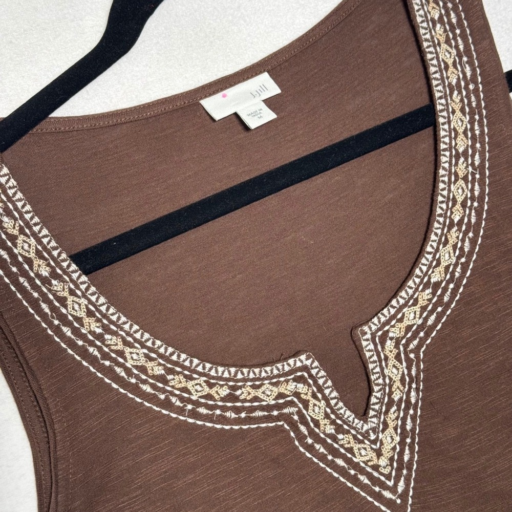 J. Jill Brown Embroidered Slub Knit Tank‎ Top Notched V-Neck Cotton Modal Medium